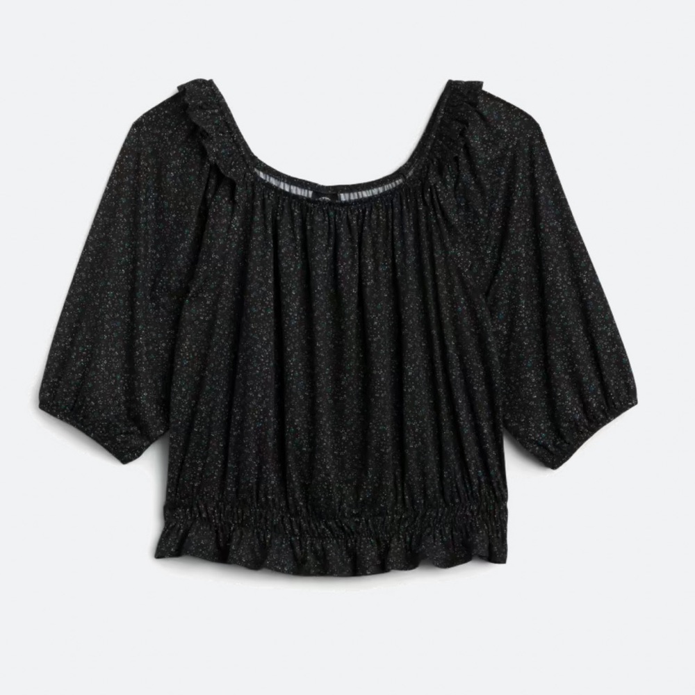 Bobeau‎ Jasper Soft Knit Ruffle Knit Top Size 1X Dark Gray Abstract Print